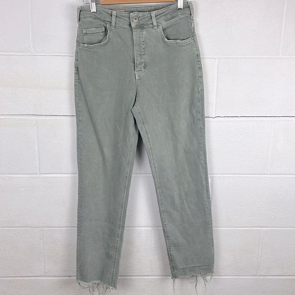 Pilcro Anthropologie the vintage straight green raw hem jean